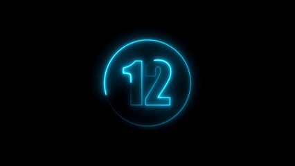Electric Blue Neon Number 12 Encased in a Radiant Circle on a Black Canvas Keywords: 12, twelve, number, numeral, digit, count, counting, countdown, timer, time, clock, seconds, minutes, hours