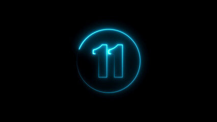 Glowing Cyan Neon Number 11 Within a Circular Outline on a Black Background Keywords: 11, eleven, number, numeral, digit, count, counting, countdown, timer, time, clock, seconds, minutes, hours