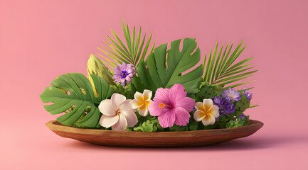 Obraz premium Colorful flowers and green leaves in a wooden tray