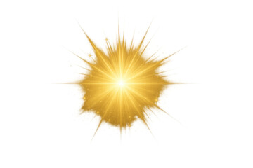 Golden light explosion particle effect, sunburst and glow with radial rays, shining stars or abstract flash on transparent background