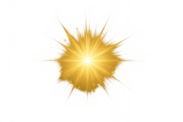 Golden light explosion particle effect, sunburst and glow with radial rays, shining stars or abstract flash on transparent background