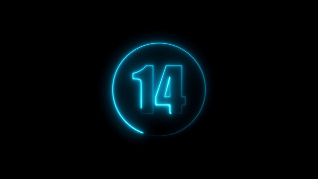 Bright Blue Neon Number 14 Inside a Glowing Circle on Black Background Keywords: 14, fourteen, number, numeral, digit, count, counting, countdown, timer, time, clock, seconds, minutes, hours