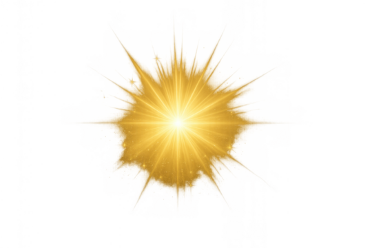 Golden light explosion particle effect, sunburst and glow with radial rays, shining stars or abstract flash on transparent background