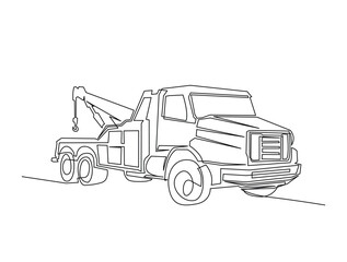 Continuous line art drawing of Tow truck with winches. Car Towing Truck in single line art drawing vector illustration. Editable stroke.