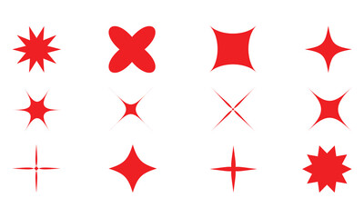  Set of 12 Red Star and Sparkle Shapes Diverse Starburst Vector Icons.