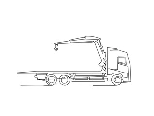 Continuous line art drawing of Tow truck with winches. Car Towing Truck in single line art drawing vector illustration. Editable stroke.