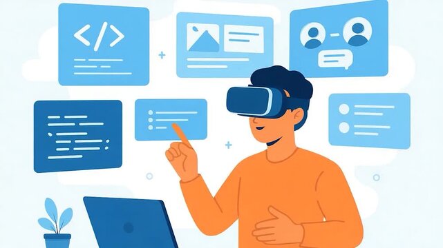 Man in VR Headset Interacting with Virtual Interface.