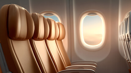 a cozy airplane interior with seats, ready for a flight. The image captures the anticipation and comfort of air travel.