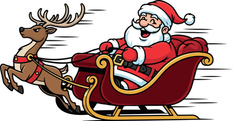 Cartoon Santa Claus joyfully rides in a reindeerled sleigh with speed lines on a transparent background