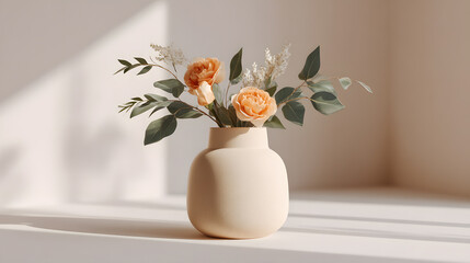 A charming flower arrangement in a ceramic vase, bathed in soft sunlight