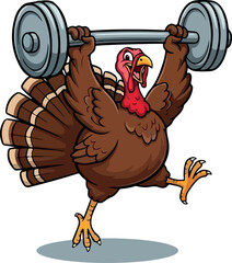 Cartoon turkey raises a barbell above its head during a workout in this isolated design
