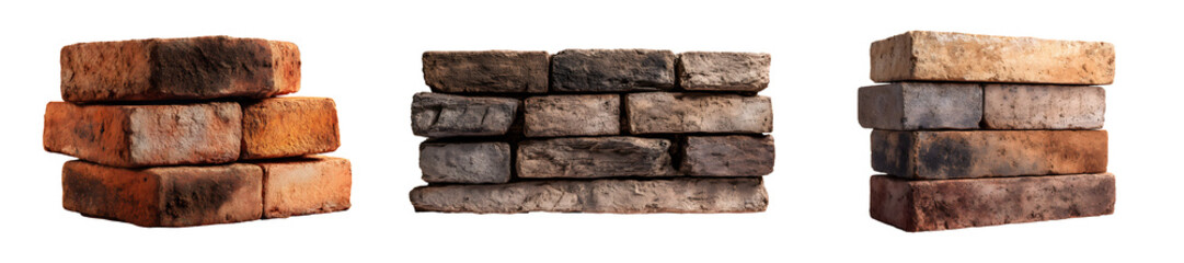Stack of vintage bricks, isolated on transparent background