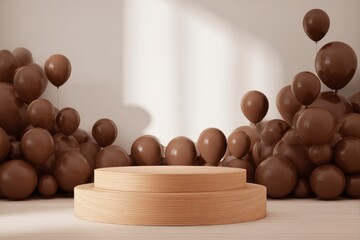 Elegant Display with Brown Balloons and Wooden Pedestal Background