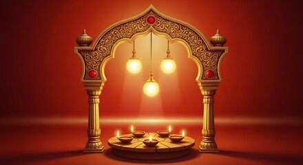 Diwali celebration with traditional lamps and ornate archway.