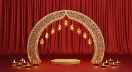 Elegant Diwali Stage with Arch Lamps and Red Backdrop.