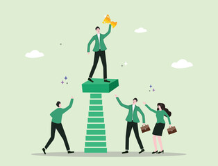 A leader stands on a tiered platform holding a trophy, representing success, achievement, teamwork, and the fulfilling journey toward career growth and business excellence.