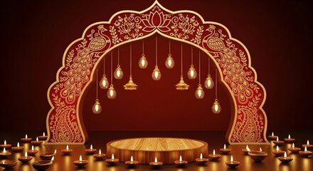 Diwali Celebration Stage with Lamps and Decorative Arch.