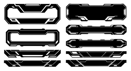 Set of futuristic black and white lower third banners and frames. Modern techwear design for esport streaming, video overlays, and sci-fi HUD graphics.
