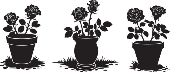 Roses flowers, leaves, branch, leafs, in a pots silhouette vector set, plant, pot, leaf, flower, tree, gardening, flora, floral, flowerpot, isolated.
