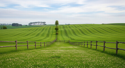 Lush green rolling vineyard landscape with a distant farmhouse under a cloudy sky