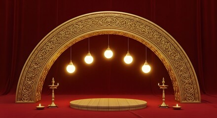 Elegant Kerala Style Stage with Golden Arch and Lamps.
