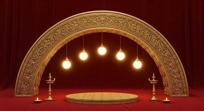 Elegant Kerala Style Stage with Golden Arch and Lamps.