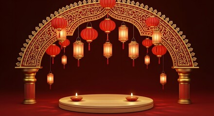 Obraz premium Diwali celebration stage with lanterns and candles display.