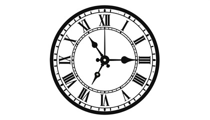 Classic, circular clock face showing Roman numerals and three hands