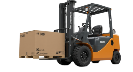 Orange Forklift Truck Lifting Cardboard Box on Pallet Isolated