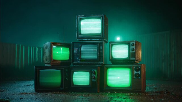 Stacked Vintage Television Monitors Displaying Green Static in Dim Industrial Setting