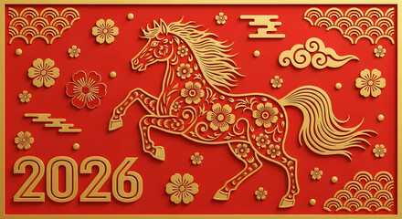 A traditional Chinese New Year 2026 design with a golden horse, flowers, and auspicious patterns on a red background.