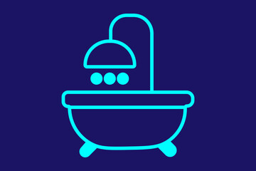 The image depicts a minimalist neon line icon of a bathtub with a shower, commonly representing bathroom or bathing facilities
