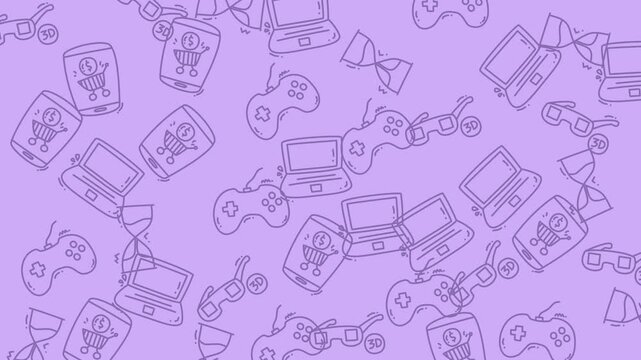 Seamless Purple Pattern of Gaming Tech and Online Shopping Doodles