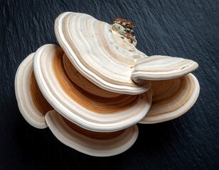 Bracket fungus with concentric rings on a dark, textured surface