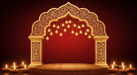 Elegant Diwali Stage with Golden Arch and Candles.