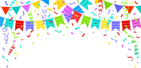 Party Confetti Birthday party confetti background, festive ribbons and streamer paper spiral stripes, cartoon vector. Colorful confetti Celebration confetti background Falling colorful confetti