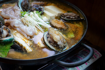 Seafood hotpot at a restaurant in Jeju Island.