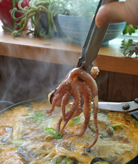 Seafood hotpot at a restaurant in Jeju Island.