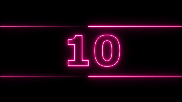 Glowing neon numbers from 0 to 15 countdown in pink color neon line and black background. Neon bright glowing countdown timer from 15 to 0.