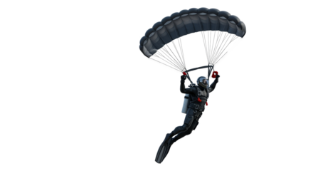 Parachutist Descends Under Black Parachute in Realistic Photo with Bright Light