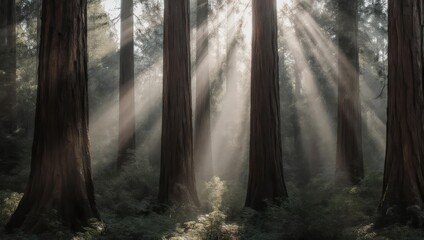 Naklejka premium Sunlight streams through a redwood forest