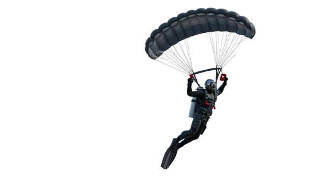 Parachutist Descends Under Black Parachute in Realistic Photo with Bright Light