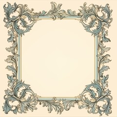 Elegant Vintage Rococo Frame: Ornate Decorative Border with Detailed Acanthus Leaf Scrollwork in Pastel Blue and Beige Tones.