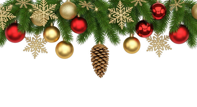 Festive christmas garland isolated on transparent background, adorned with gold snowflakes, red and gold ornaments, and pine cone
