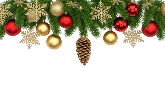 Festive christmas garland isolated on transparent background, adorned with gold snowflakes, red and gold ornaments, and pine cone
