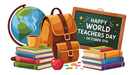 a green chalkboard that reads 'Happy Teacher Day' stands prominently with a scenic natural backdrop. Pencils are elegantly placed near the chalkboard