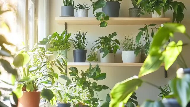 Lush green houseplants thrive on sunlit shelves near a window.