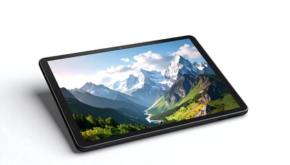 Fototapeta premium A tablet displaying a scenic mountain landscape against a bright white background