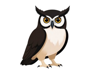 Obraz premium Cartoon owl with brown and beige feathers, bright yellow eyes, and a white background
