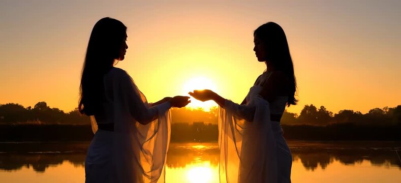 Devotees Offering Prayers to the Sun God During the Auspicious Festival of Chhath Puja at Sunrise in India